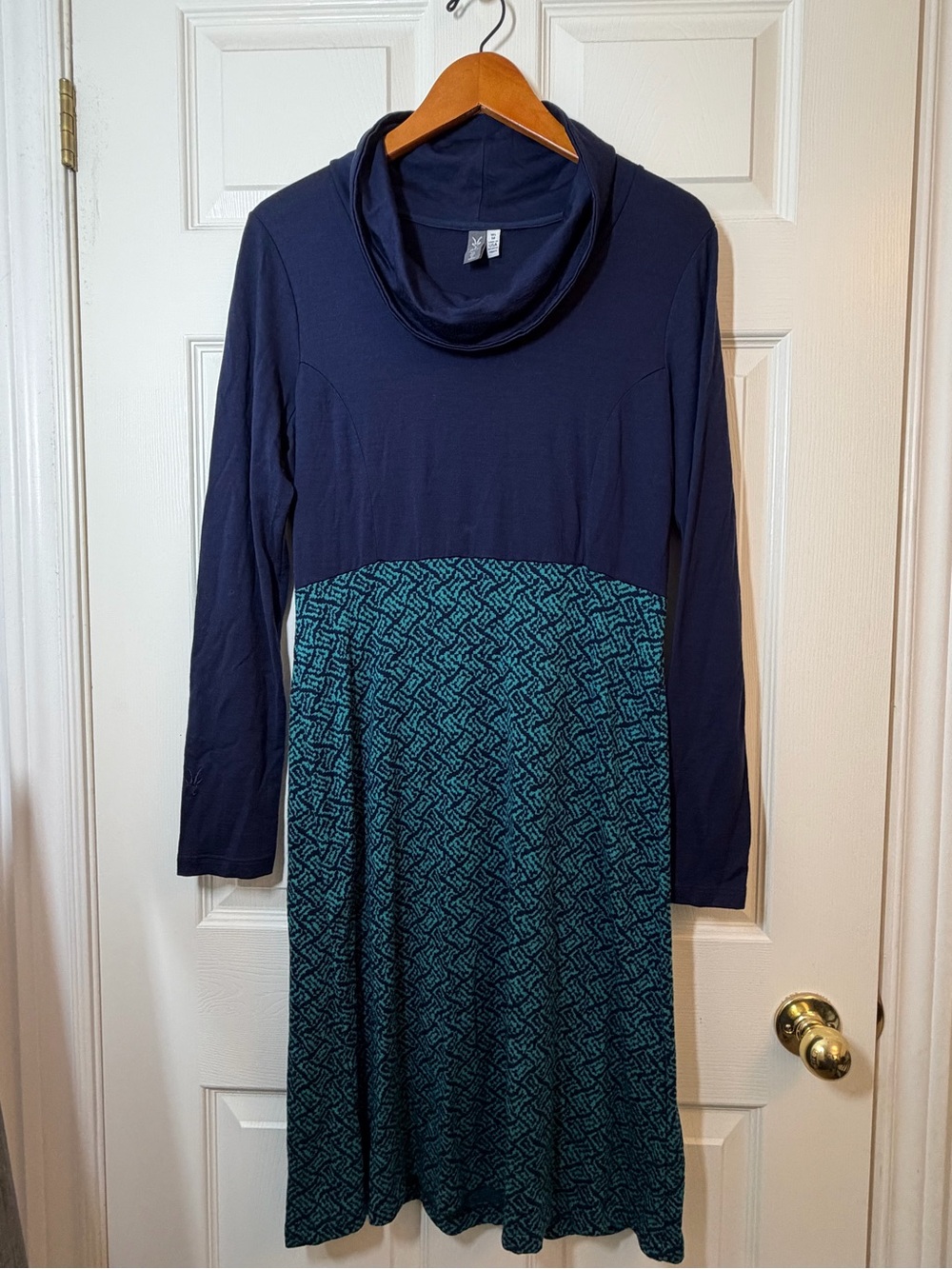 ibex Juliet Providence Navy and Teal Long Sleeve Cowl Neck Dress